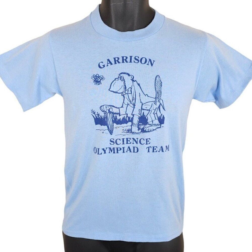 Vintage Science Olympiad T Shirt Mens Size XS Blue 80s Garrison STEM Made In USA